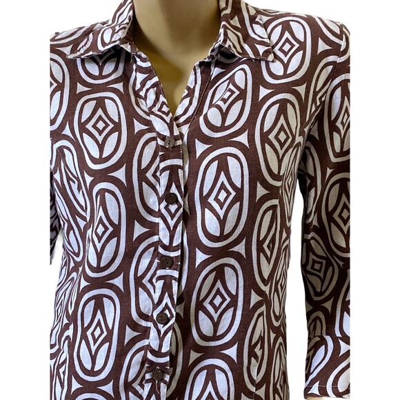 JM COLLECTION Womens Size 8 Brown White Linen 3/4 Sleeve Button Up Collar Shirt - Picture 5 of 6